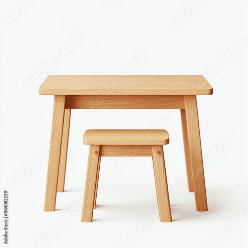 A minimalist wooden table and stool set, showcasing simple design and natural wood finish, perfect for children