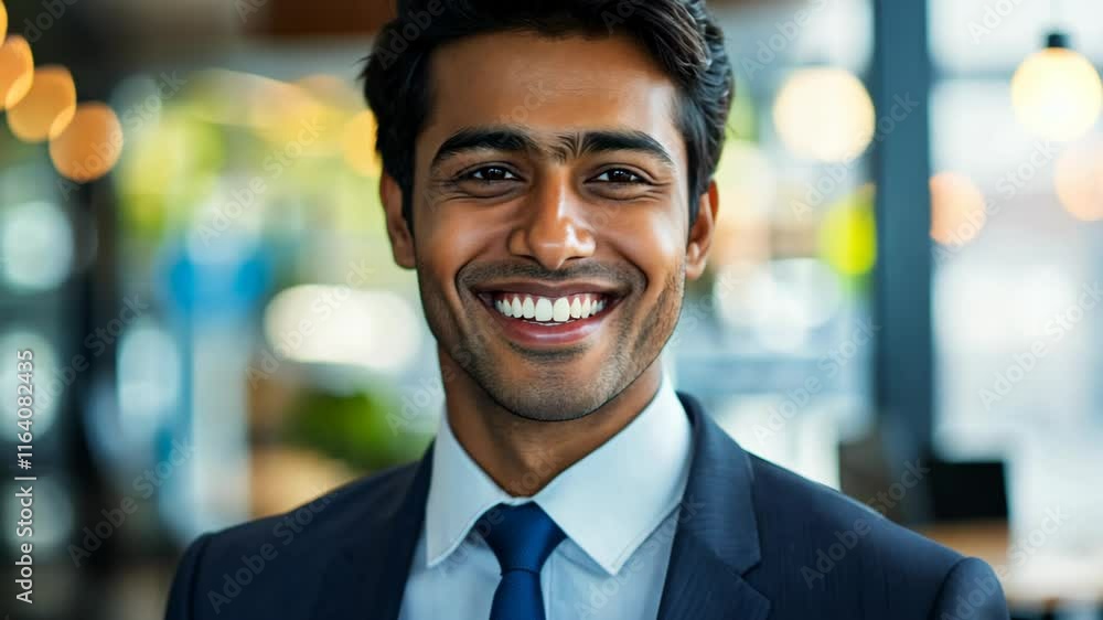 close up face portrait smiling young Indian businessman at modern office close up face portrait smiling young Indian businessman at modern office