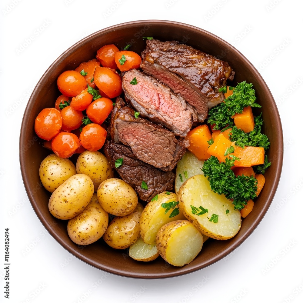 A beef pot roast accompanied by carrots and potatoes, set against a clear background. A beef pot roast accompanied by carrots and potatoes, set against a clear background.