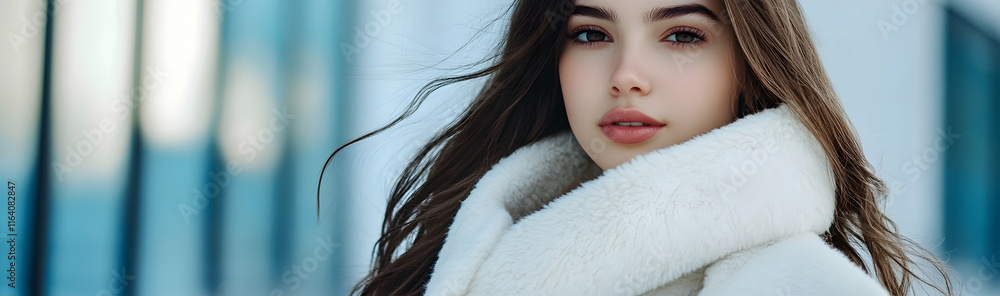 Stylish young woman in a white winter coat on a plain backdrop - Stylish young woman in a white winter coat on a plain backdrop -