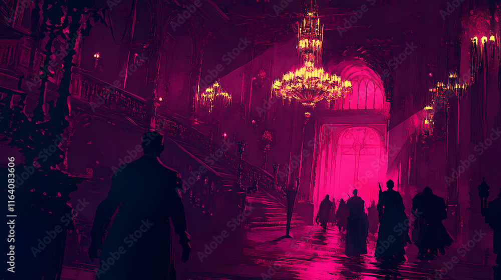 Obraz premium A mysterious and atmospheric scene featuring shadowy figures in a dimly lit, opulent space with glowing chandeliers. Wraithlike. Illustration