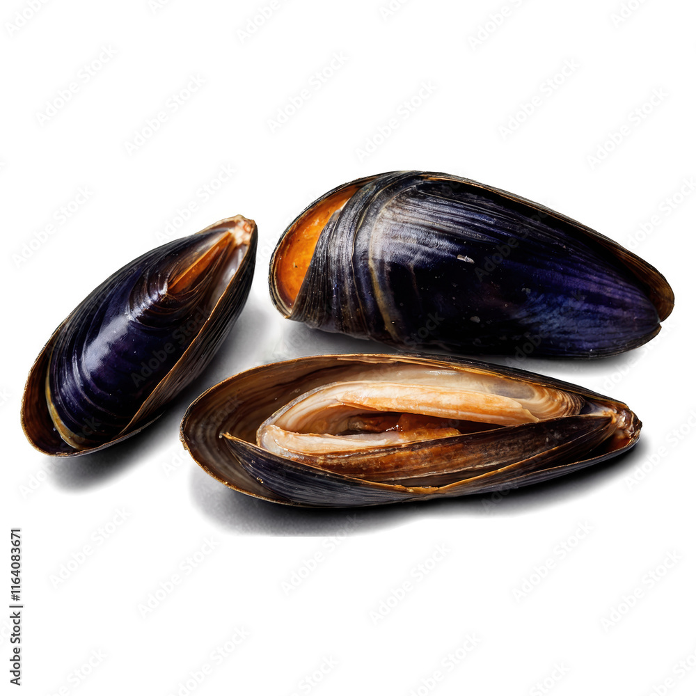 Realistic depiction of a single open mussel shell on a neutral background showcasing natural detail and texture Realistic depiction of a single open mussel shell on a neutral background showcasing natural detail and texture
