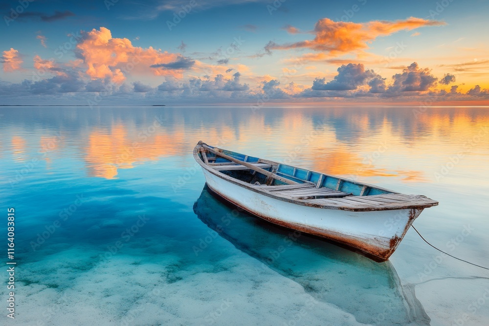 A small fishing boat tied to a wooden dock on a tranquil island lagoon, with rippling water reflecting the scene A small fishing boat tied to a wooden dock on a tranquil island lagoon, with rippling water reflecting the scene