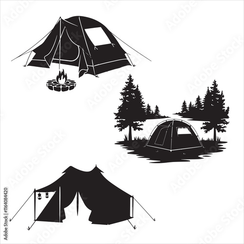 set of vector camping tent, tent icon, camping silhouettes collection, People camping scene, Landscape - camping in mountains silhouettes