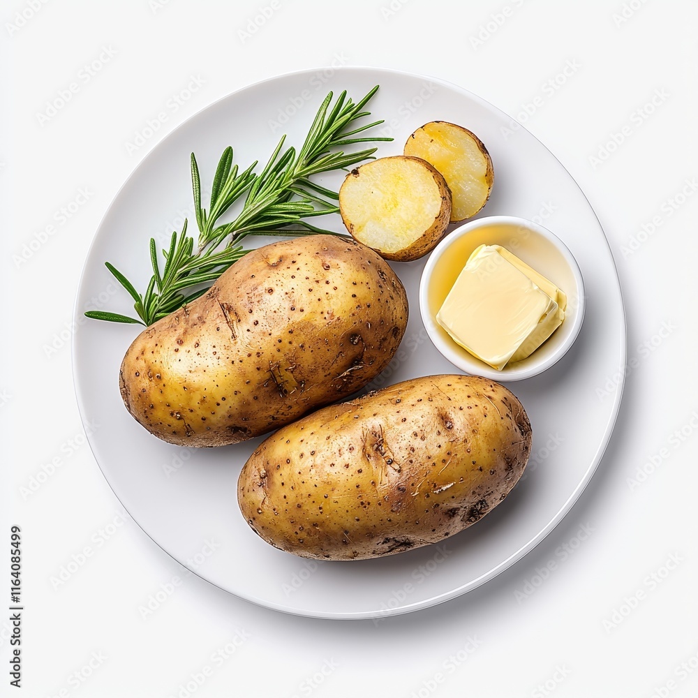 A baked potato with butter, set against a clear background. A baked potato with butter, set against a clear background.
