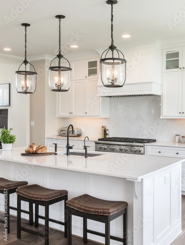 Modern White Kitchen Island with Pendant Lights and Stools