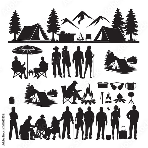 set of vector camping tent, tent icon, camping silhouettes collection, People camping scene, Landscape - camping in mountains silhouettes