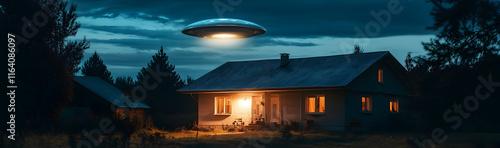 UFO hovering over a house at night  -
