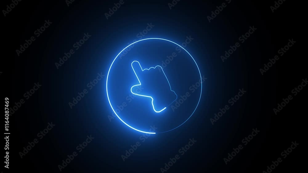 Hand blue glowing neon ui ux icon. Glowing sign logo. Neon glowing hand alert icon on a black background. Hand blue glowing neon ui ux icon. Glowing sign logo. Neon glowing hand alert icon on a black background.