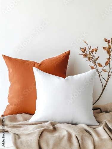 Throw pillow mockup photo with neutral-toned scene highlighting a pair of comfortable pillows, a soft beige blanket, and rustic autumn-inspired decor with branches. 