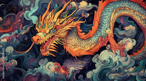 Wallpaper Mural Wide colorful illustration of a traditional dragon with intricate detailing and vivid tones - Torontodigital.ca