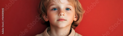 Young Caucasian child with blue eyes wearing an elegant shirt, relaxed and confident, on a red background -