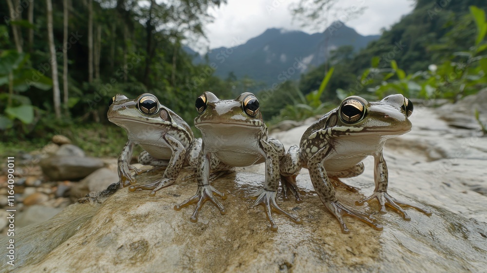 Fototapeta premium Frogs Jumping on Rocks in Jungle Setting