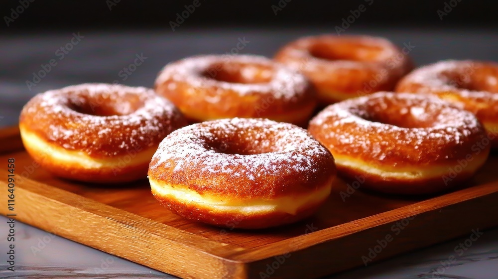 Delicious powdered donuts arranged on a wooden platter. Delicious powdered donuts arranged on a wooden platter.
