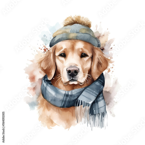 Watercolor portrait of a golden retriever wearing a winter hat and scarf vector illustration photo