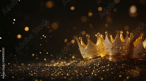 Epiphany Day or Dia de Reyes Magos concept. Three gold crowns on blue  and black sparkling background.