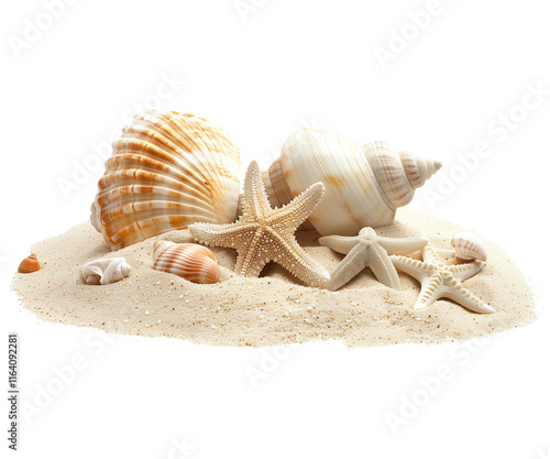 Fototapeta Naklejka Na Ścianę i Meble -  sea shells and starfish on sand on isolated transparent background PNG