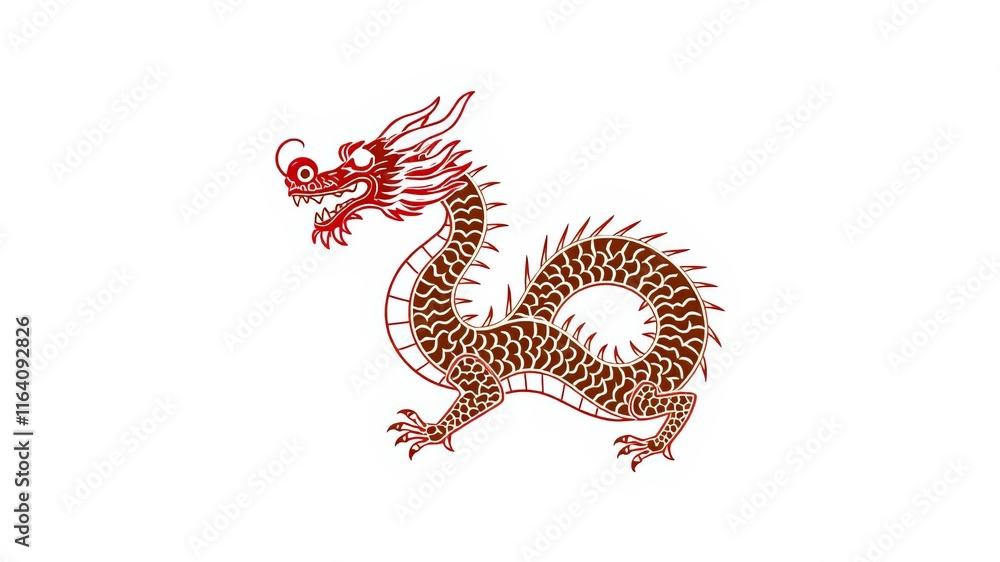 Fototapeta premium Dramatic left-facing Chinese dragon zodiac illustration on white background, astrology, dragon, chinese