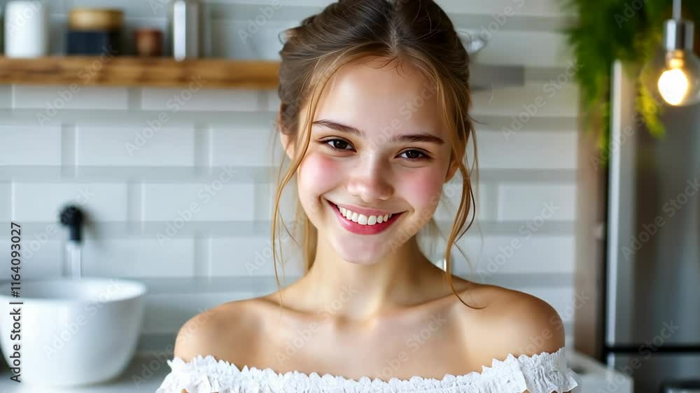 close up face portrait of young pretty Caucasian woman with clean clear skin, skincare and well-being concept at bathroom close up face portrait of young pretty Caucasian woman with clean clear skin, skincare and well-being concept at bathroom