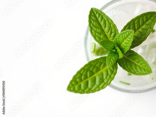 Fresh green peppermint leaves isolated on white background for garnishing food, desserts, and drinks, food, mint leaves, garnish photo