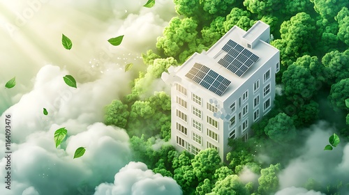 A green forest with white buildings, solar panels, and a leaf logo, earth day concept photo