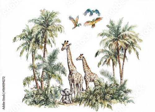 A lush watercolor scene combining African wildlife and natural features. Elements like elephants, giraffes, monkeys, parrots, palm trees, and flowers are included. Ideal for a tropical nursery photo