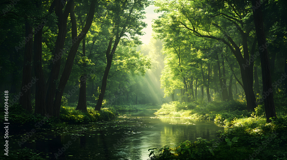 Obraz premium Nature's Tranquil Canopy: A Serene River Journey Through a Verdant Forest's Whispering Trees and Dancing Light