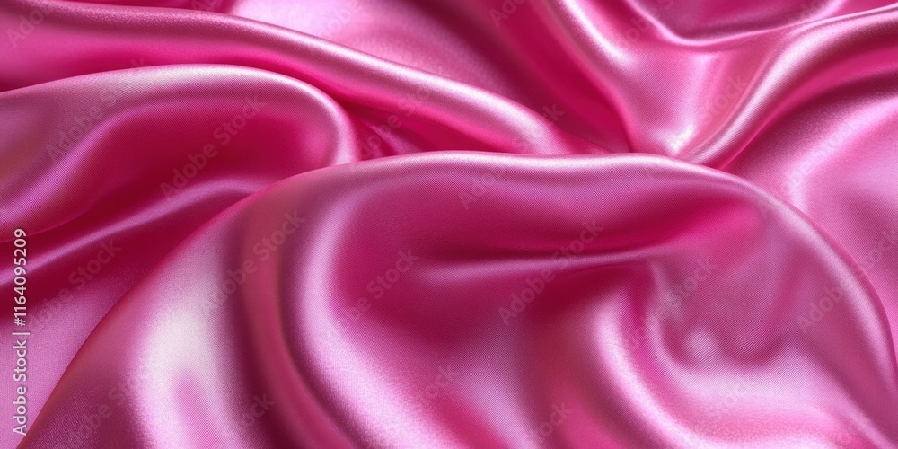 Fototapeta premium A close-up of smooth, shiny pink satin fabric with soft folds and curves.