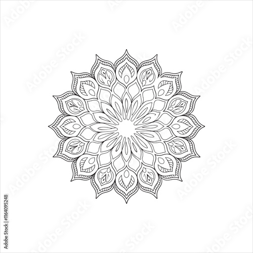 A vector illustration of a mandala silhouette with a white background. The mandala has a lotus flower pattern with multiple layers. The outer layer has eight petals, the second layer has sixteen petal