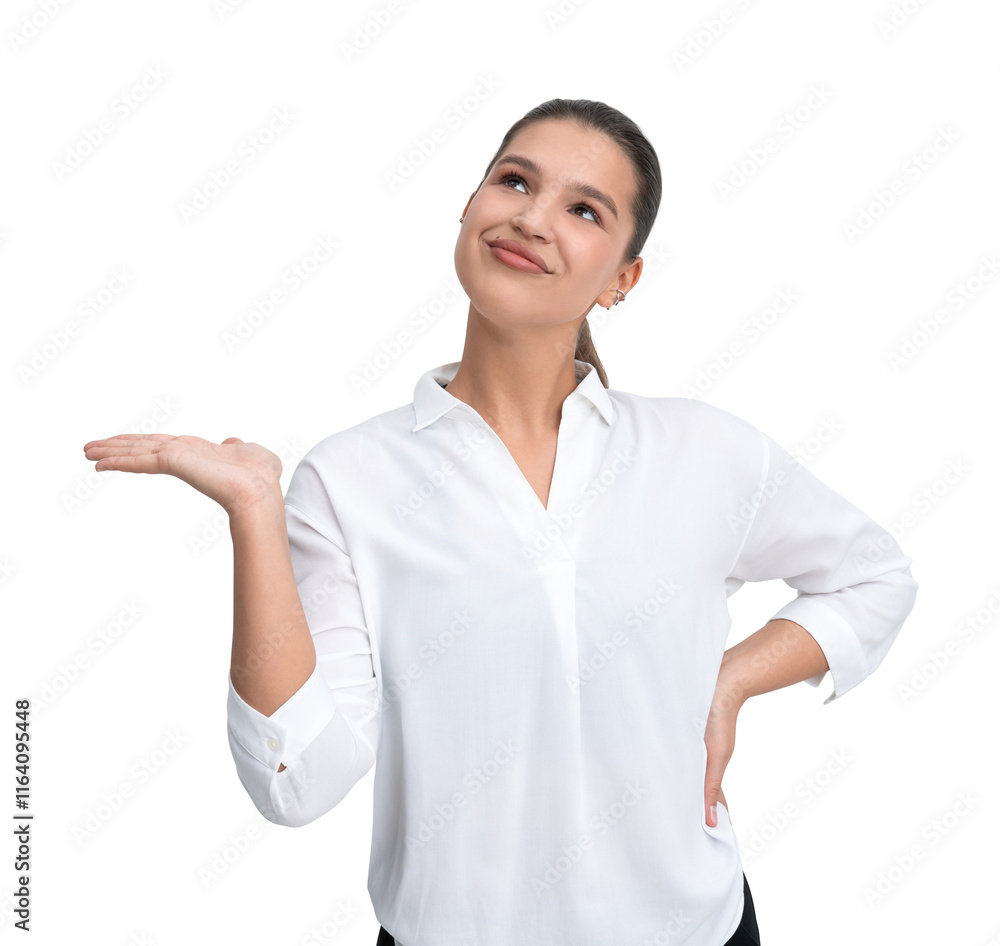 Woman wearing a white shirt, posing with a thoughtful expression, palm raised and hand on hip Woman wearing a white shirt, posing with a thoughtful expression, palm raised and hand on hip