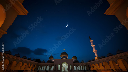 A picturesque view of a mosque at dawn with the first light of Fajr prayer, symbolizing the beginning of a new day during the holy month of Ramadan photo