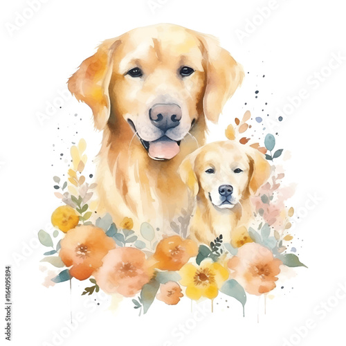 Watercolor portrait of two golden retrievers in floral wreath vector illustration isolated on white background 