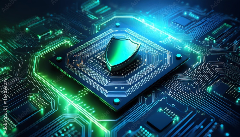 Fototapeta premium A futuristic representation of a microchip with a shield, symbolizing cybersecurity and protection in technology.