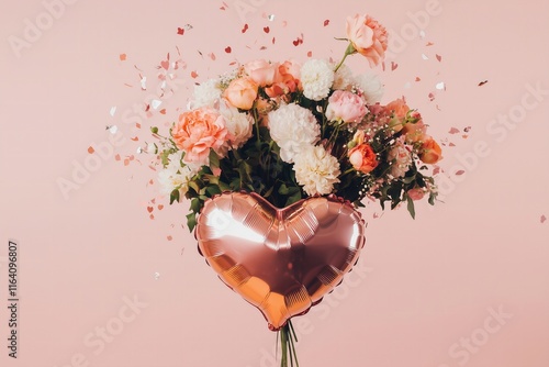 heart shape pink foil ballon with flying pink roses, peonies and ranunculuses on a pink background, celebration for Valentines Day