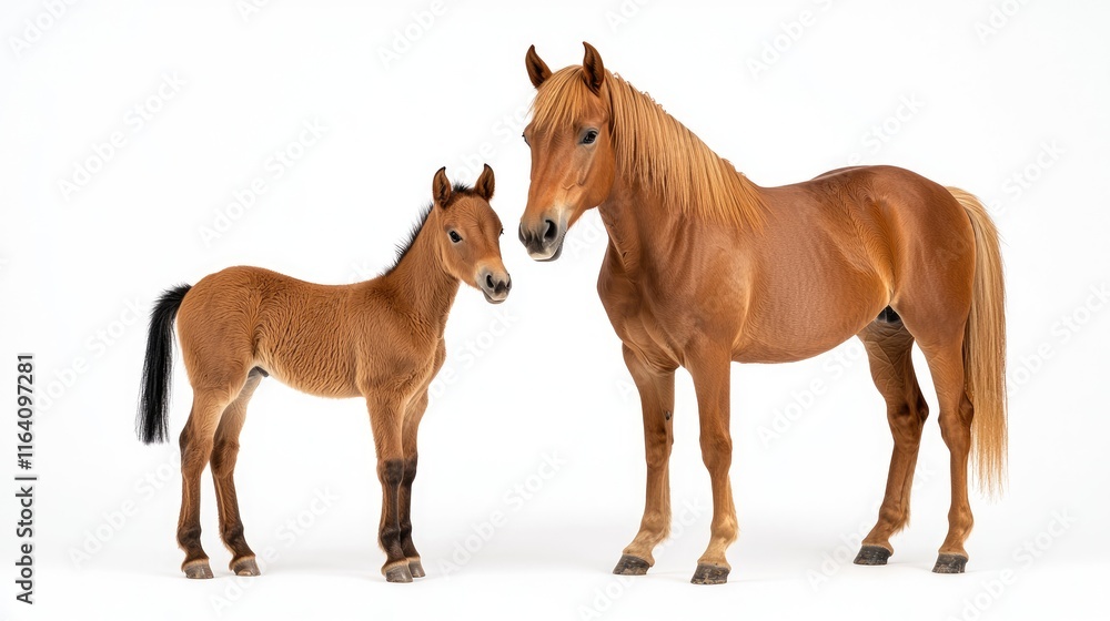Obraz premium Majestic horses and foals together studio setting animal photography white background close-up perspective family concept