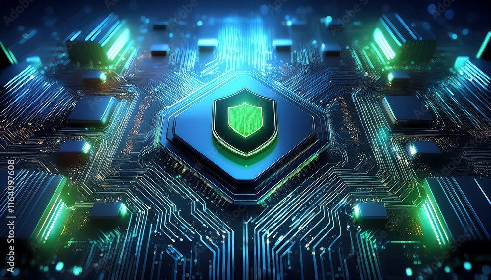 Fototapeta premium A futuristic circuit board with a shield emblem, symbolizing cybersecurity and technological advancement in a vibrant, illuminated design.