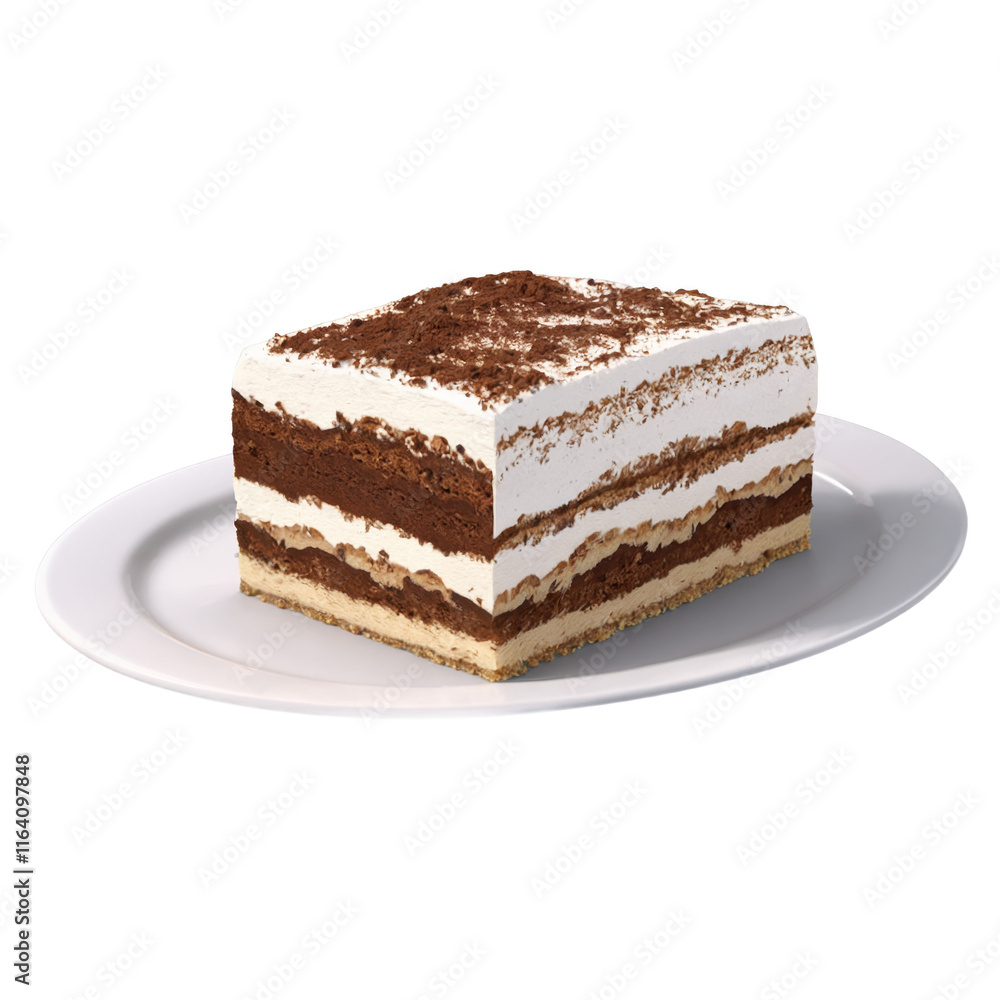 Delicious slice of tiramisu showcasing layers of coffee, cream, and chocolate on a pristine white plate Delicious slice of tiramisu showcasing layers of coffee, cream, and chocolate on a pristine white plate