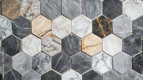 A modern layout of marble tiles with hexagonal shapes and subtle colors. © Waqar