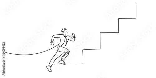 Continuous one line drawing of a man running up stairs, highlighting ambition and progress toward goals.