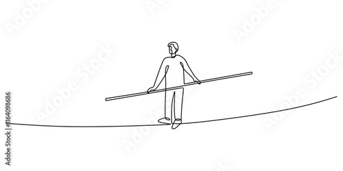 Continuous one line drawing of a man walking with a stick, representing resilience and determination.