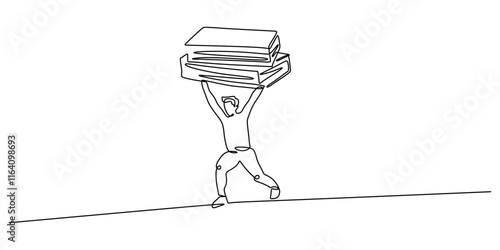 Continuous one line drawing of a man lifting a big book, highlighting the strength in education and learning.