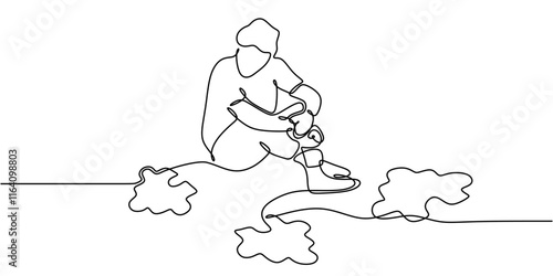 One line drawing of a man sitting in front of puzzles, representing mental focus and the pursuit of answers.