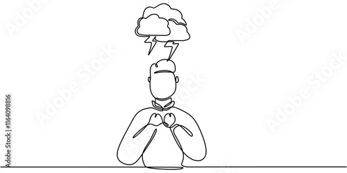 One line drawing of clouds with lightning over a man's head, symbolizing stress and overwhelming thoughts.