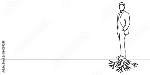 One line drawing of a man standing on tree roots, representing strength and connection to nature.