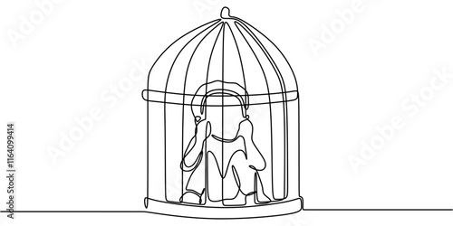 Continuous one line drawing of a child confined in a cage, highlighting limitations and emotional struggle.
