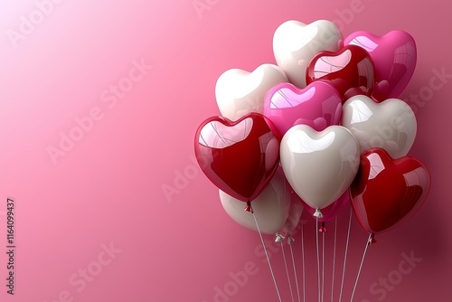 Valentine's day setting featuring red and pink balloons and hearts