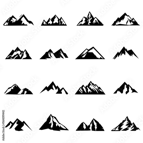 Set of mountain silhouettes. Unique rocky mountains icon or cool logo collection