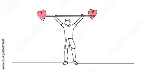 Continuous one line drawing of a man lifting a love barbell, symbolizing the weight of love and personal growth.
