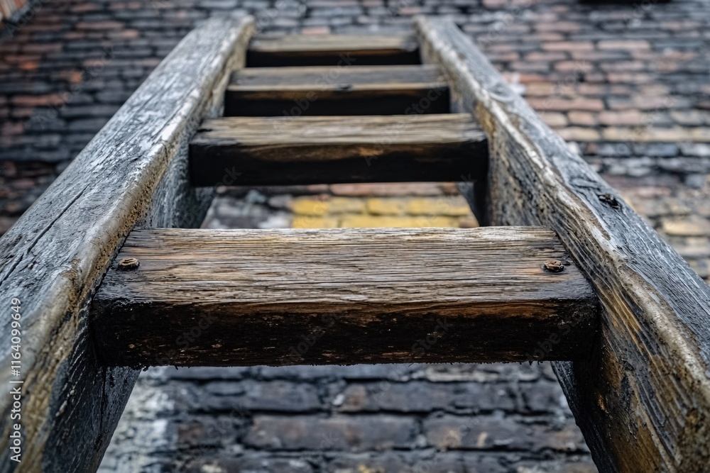 Wooden Ladder Against Weathered Brick Wall in Urban Environment Wooden Ladder Against Weathered Brick Wall in Urban Environment