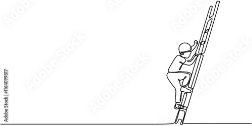 Continuous one line drawing of a man climbing stairs, representing perseverance and personal growth.